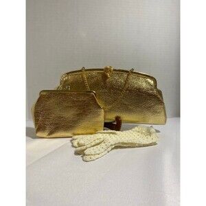 Set of 3 Vintage Metallic gold evening clutch+ large coin purse + gloves